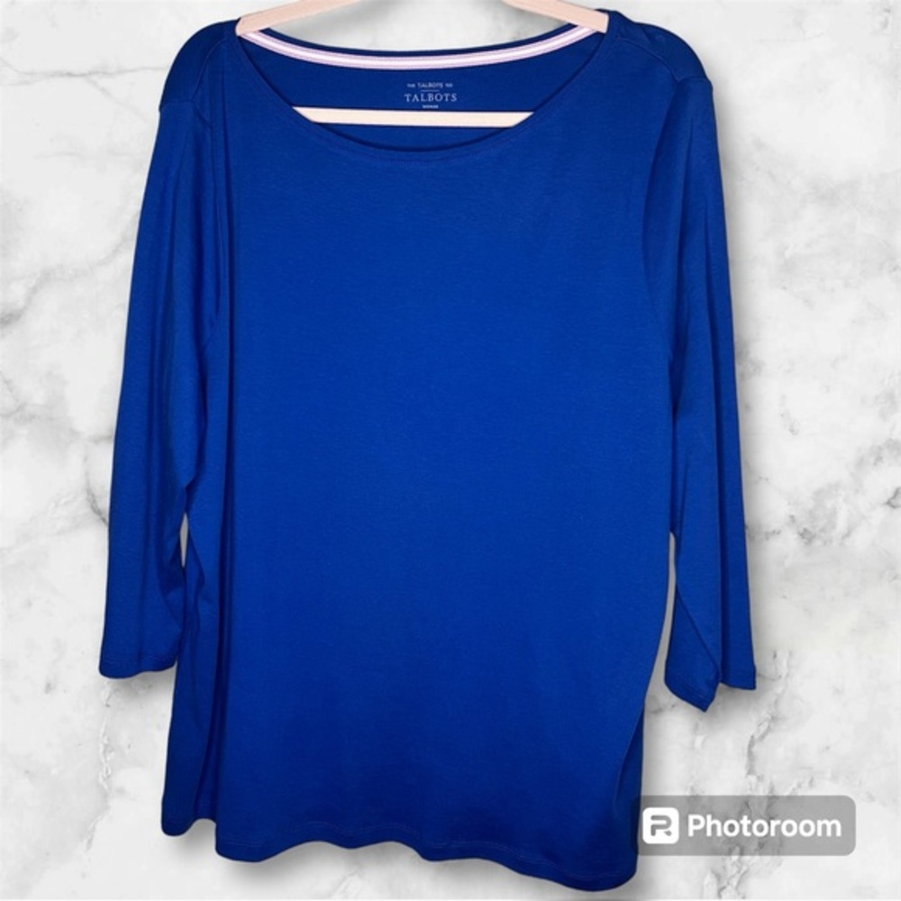The Talbots Tee | Women's Blue Pima Cotton 3/4 Sleeve Basics Top | 2X